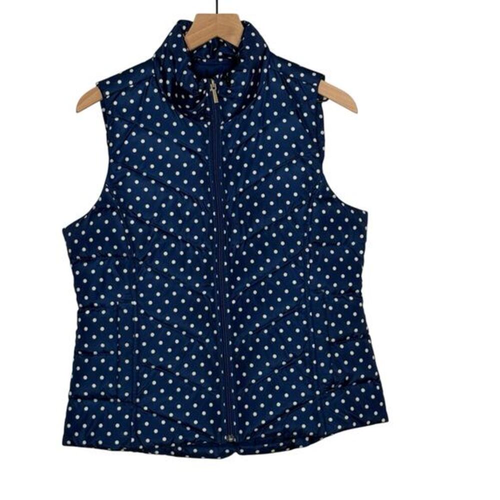 Lands' End Blue Polka Dot Down Puffer Vest‎ Small Zip Mock Neck Preppy Coastal